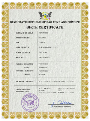 Sao Tome and Principe vital record birth certificate PSD template, fully editable