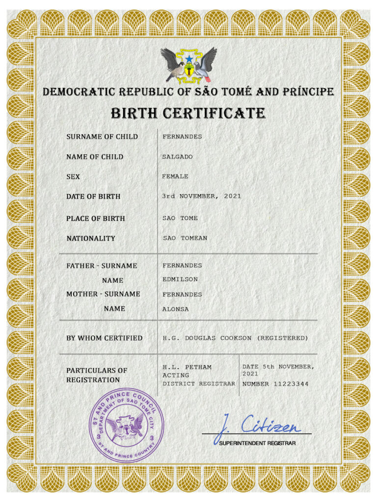 Sao Tome and Principe vital record birth certificate PSD template, fully editable