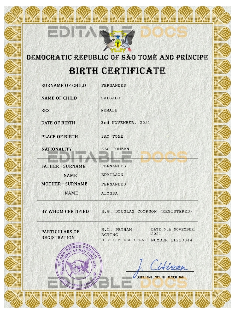 Authentic Sao Tome and Principe Birth Certificate Template | Customize and Download Online