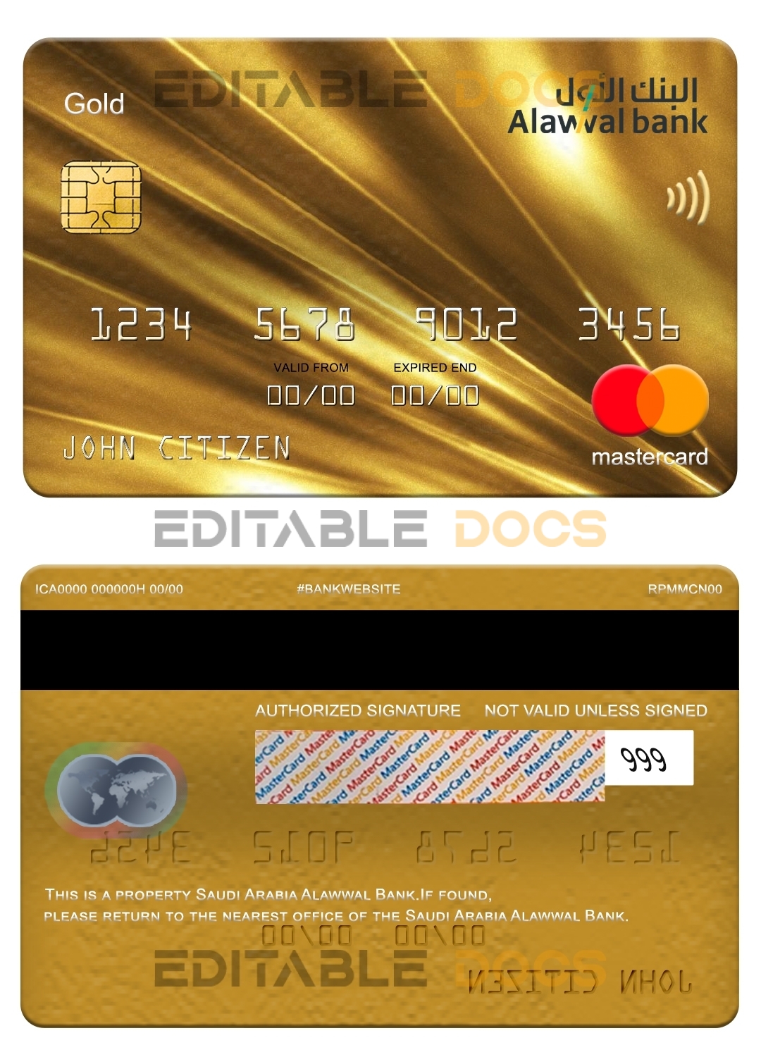 Editable Saudi Arabia Alawwal Bank mastercard gold Templates in PSD Format
