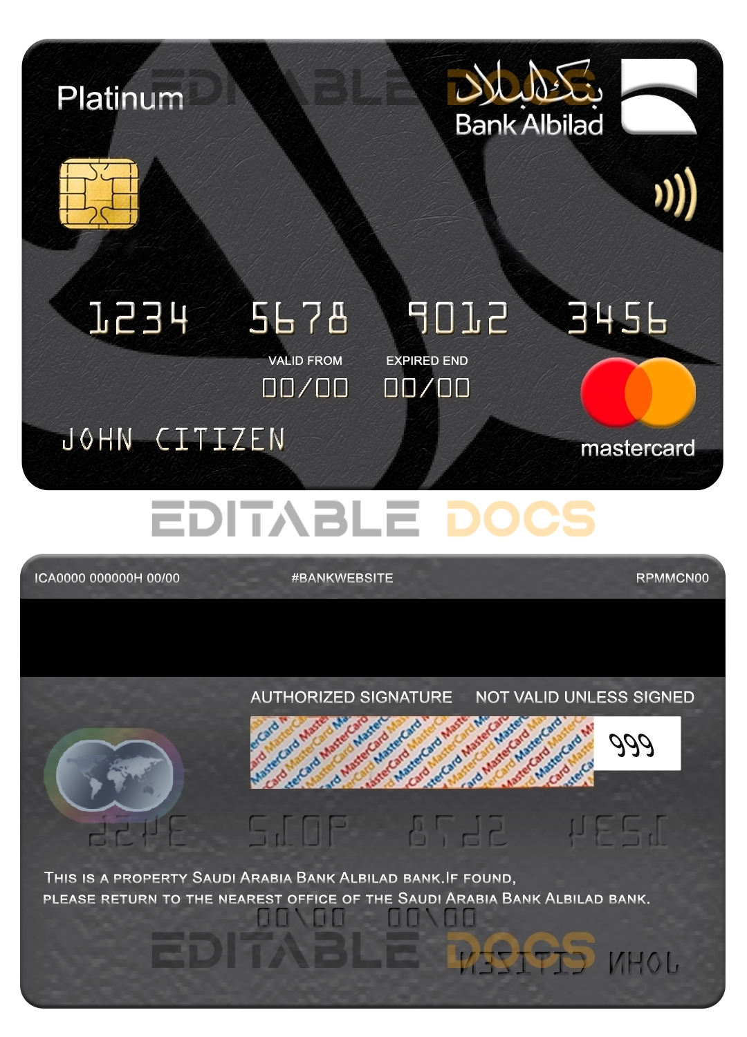 Editable Saudi Arabia Bank Albilad bank mastercard platinum Templates in PSD Format