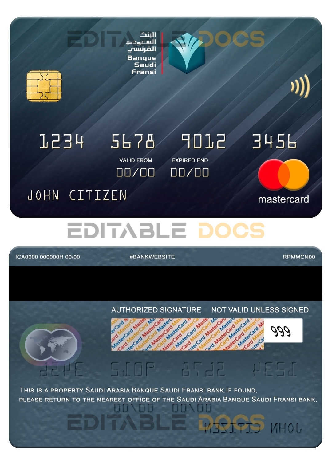 Editable Saudi Arabia Banque Saudi Fransi bank mastercard Templates in PSD Format