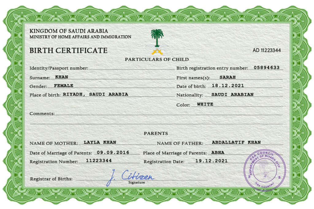 Authentic Saudi Arabia Birth Certificate Template | Customize and Download Online