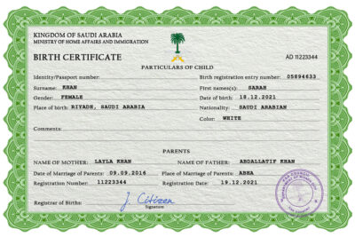 Authentic Saudi Arabia Birth Certificate Template | Customize and Download Online