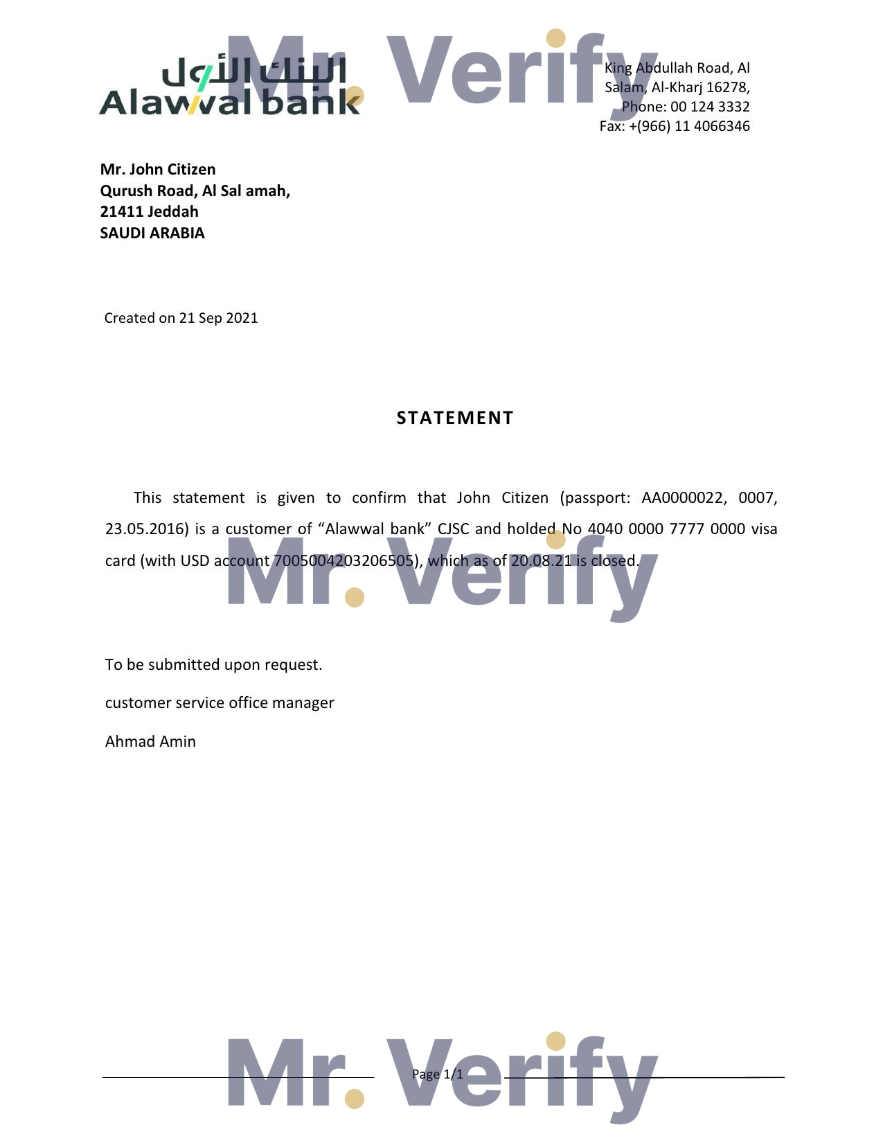 Download Saudi Arabia Alawwal Bank Reference Letter Templates | Editable Word