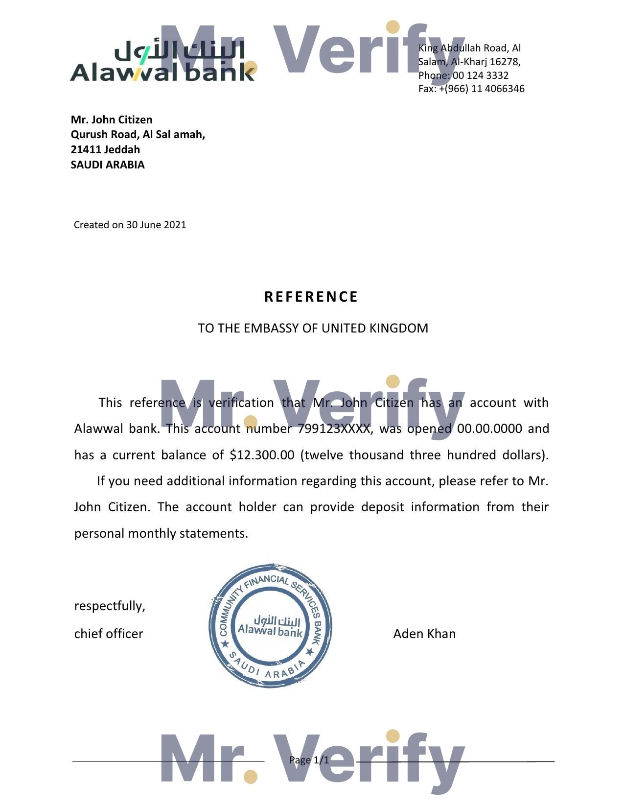 Download Saudi Arabia Alawwal Bank Reference Letter Templates | Editable Word