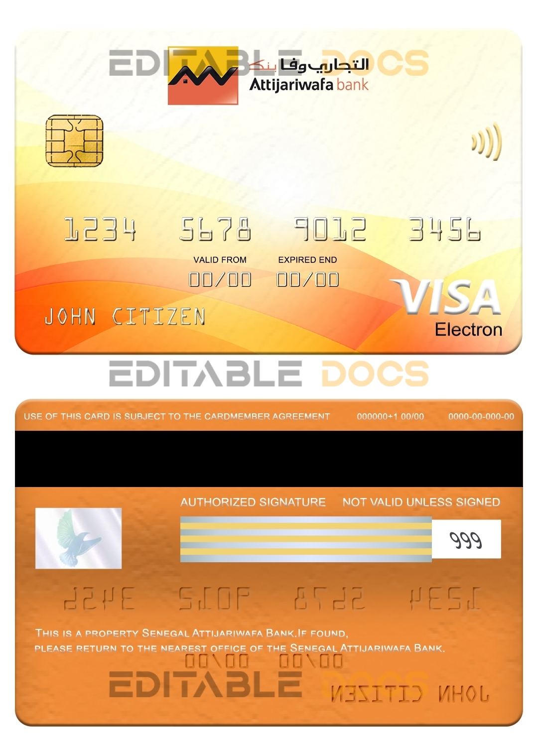 Editable Senegal Attijariwafa Bank visa electron card Templates in PSD Format