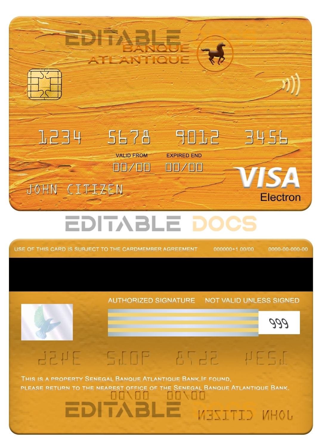 Editable Senegal Banque Atlantique Bank visa electron card Templates in PSD Format