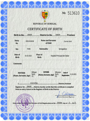 Senegal birth certificate PSD template, completely editable