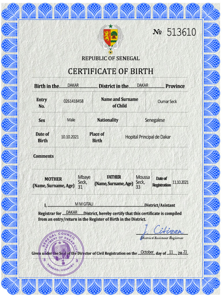 Senegal birth certificate PSD template, completely editable