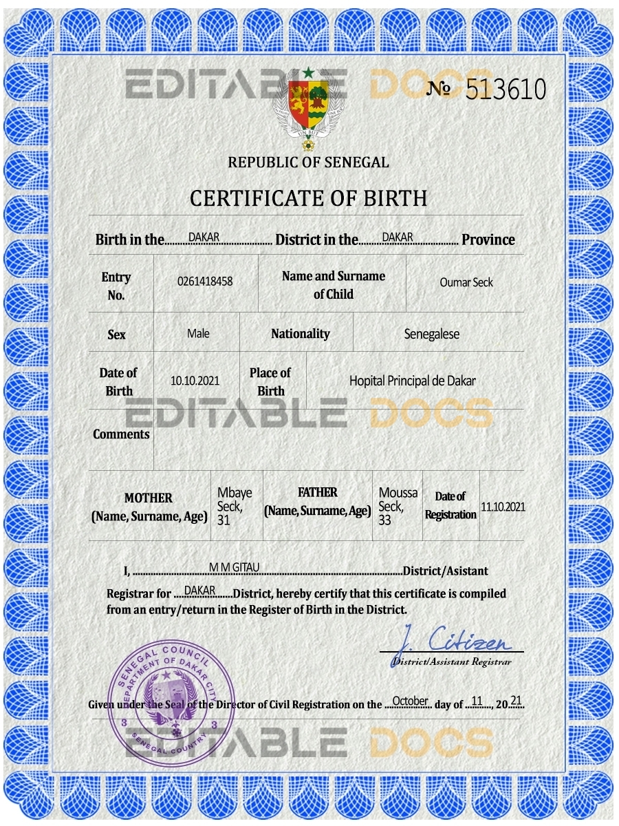 Authentic Senegal Birth Certificate Template | Customize and Download Online