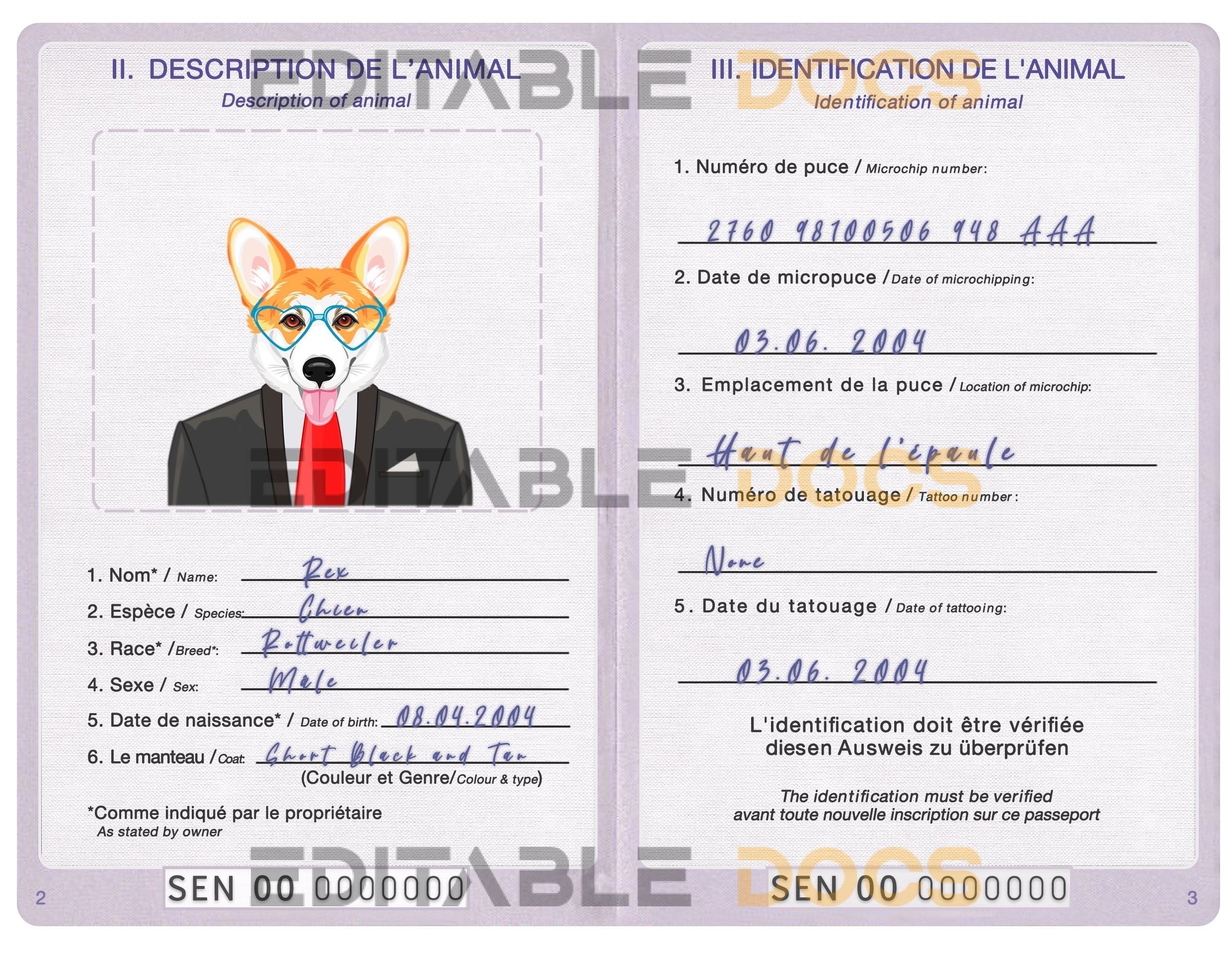 Senegal dog Fake PSD Passport | Instant Download