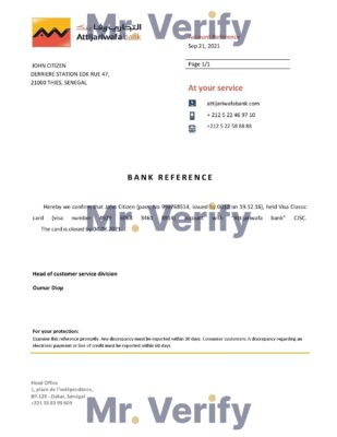Download Senegal Attijariwafa Bank Reference Letter Templates | Editable Word