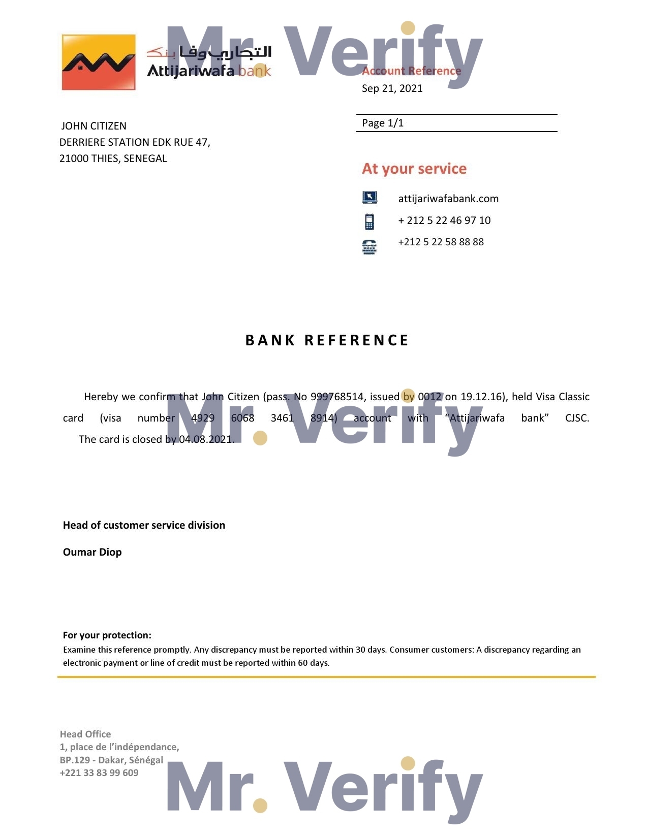 Download Senegal Attijariwafa Bank Reference Letter Templates | Editable Word