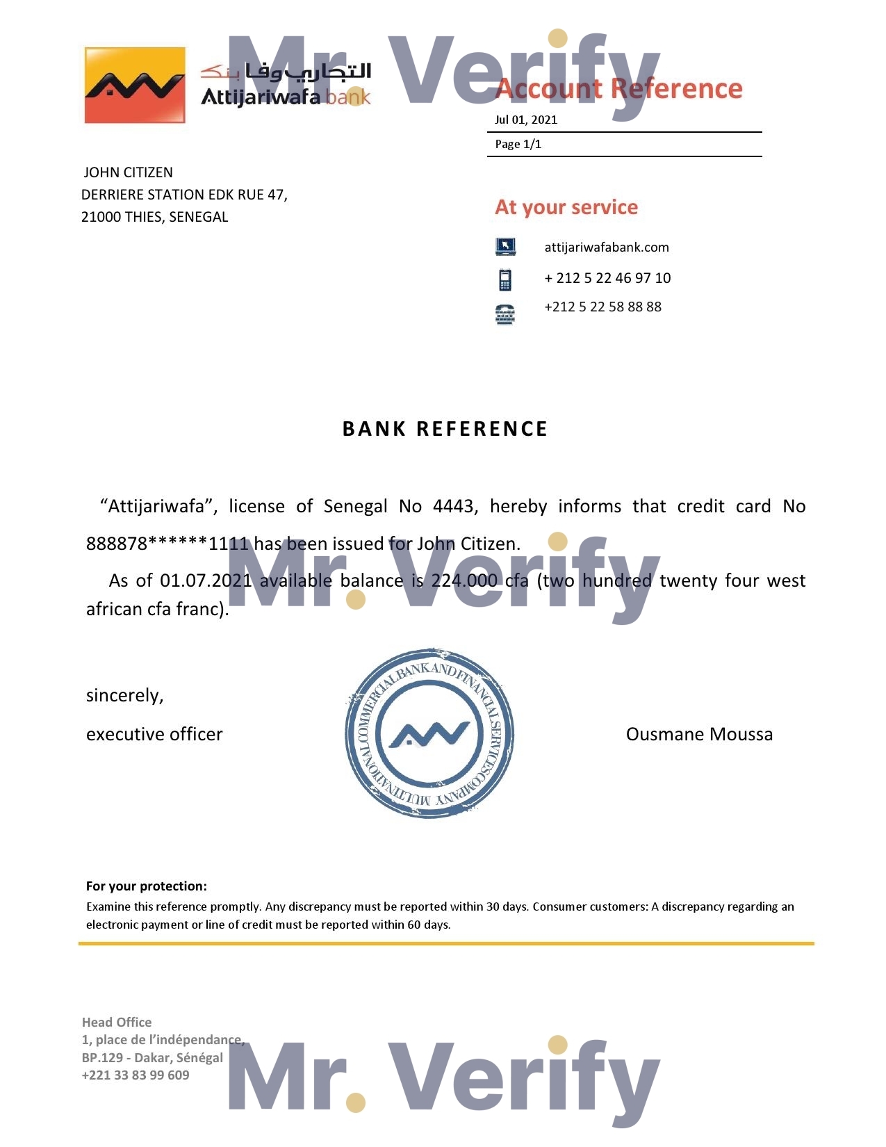 Download Senegal Attijariwafa Bank Reference Letter Templates | Editable Word