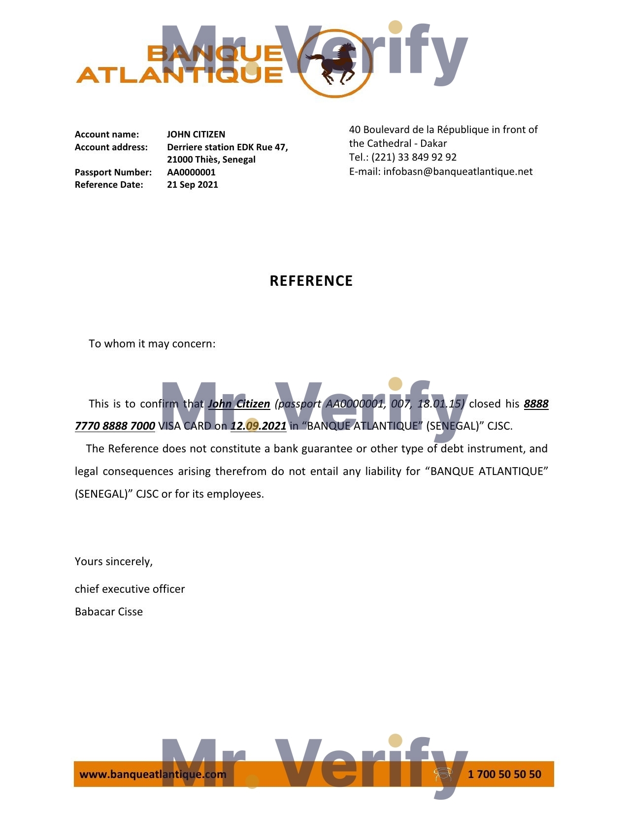 Download Senegal Banque Atlantique Bank Reference Letter Templates | Editable Word