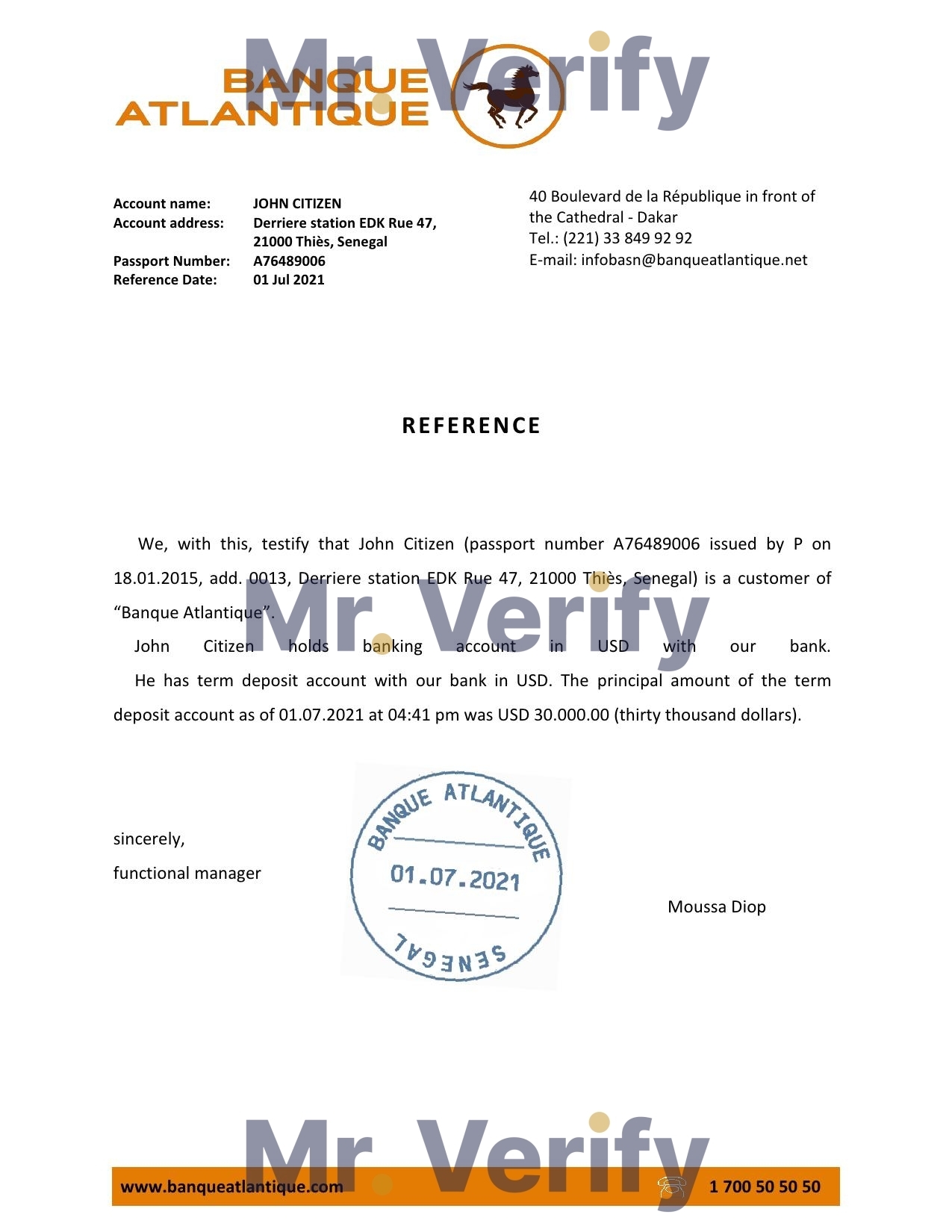 Download Senegal Banque Atlantique Bank Reference Letter Templates | Editable Word