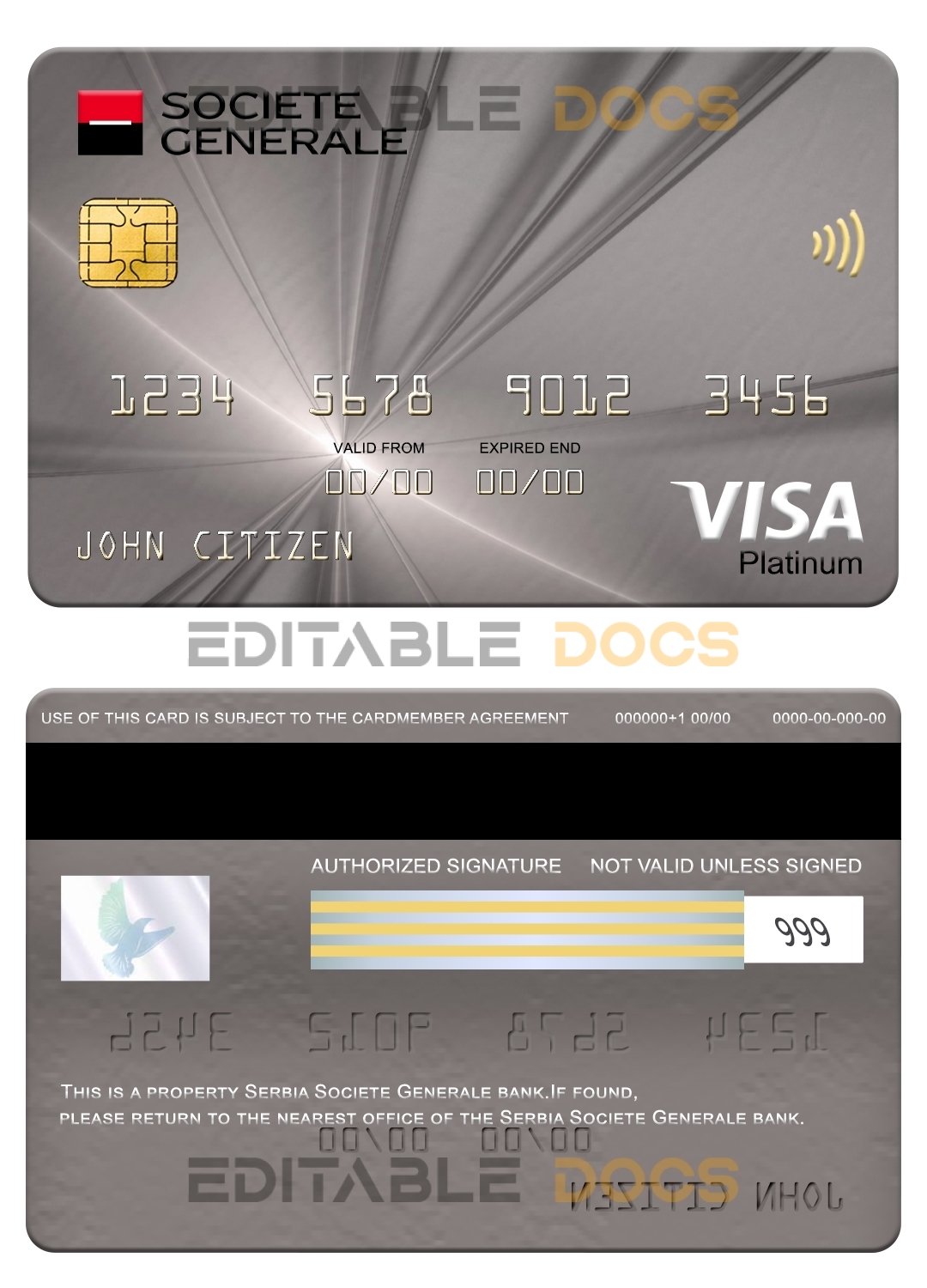 Editable Serbia Societe Generale bank visa platinum card Templates in PSD Format