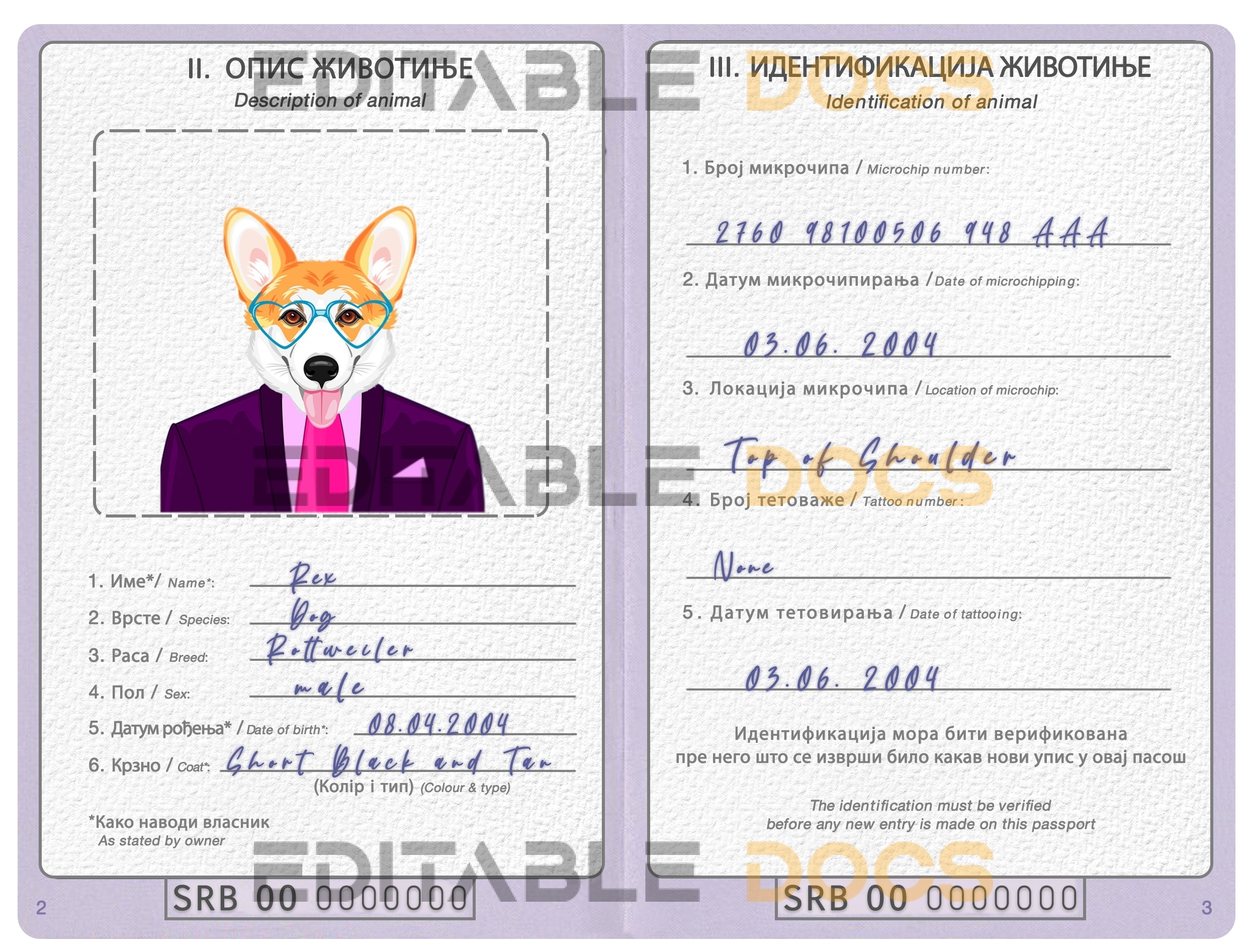 Serbia dog Fake PSD Passport | Instant Download