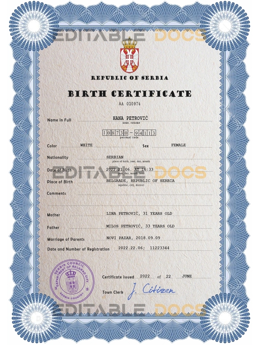 Authentic Serbia Birth Certificate Template | Customize and Download Online