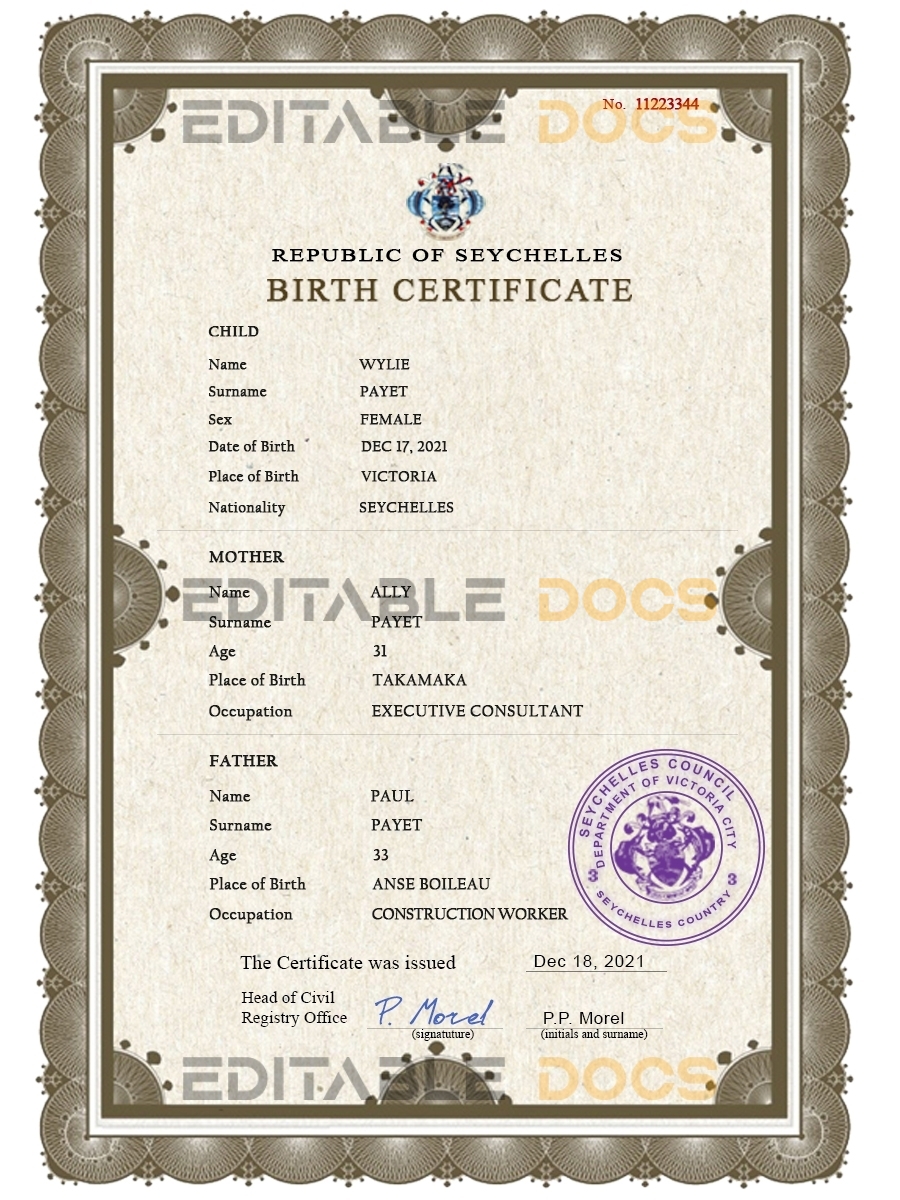 Authentic Seychelles Birth Certificate Template | Customize and Download Online