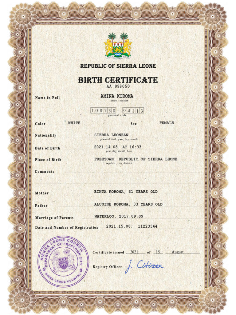 Authentic Sierra Leone Birth Certificate Template | Customize and Download Online