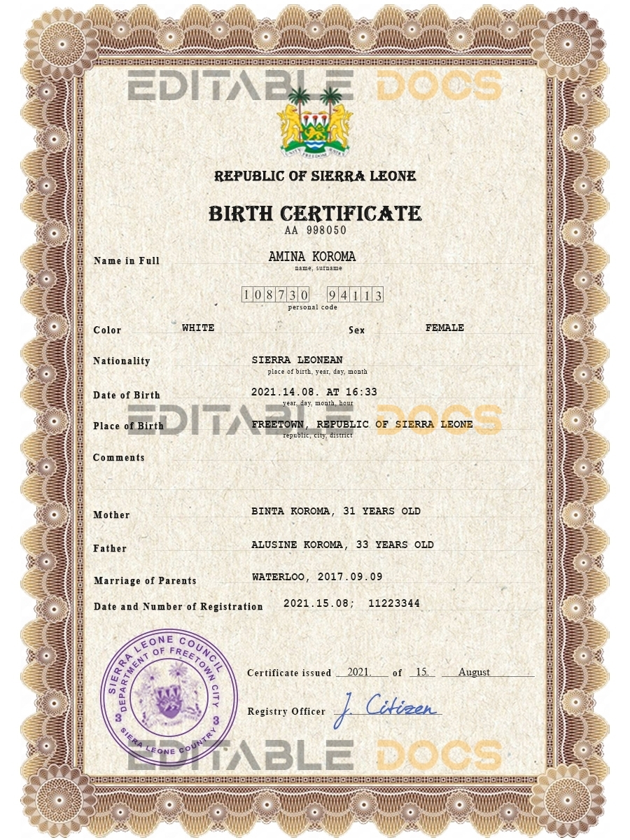 Authentic Sierra Leone Birth Certificate Template | Customize and Download Online