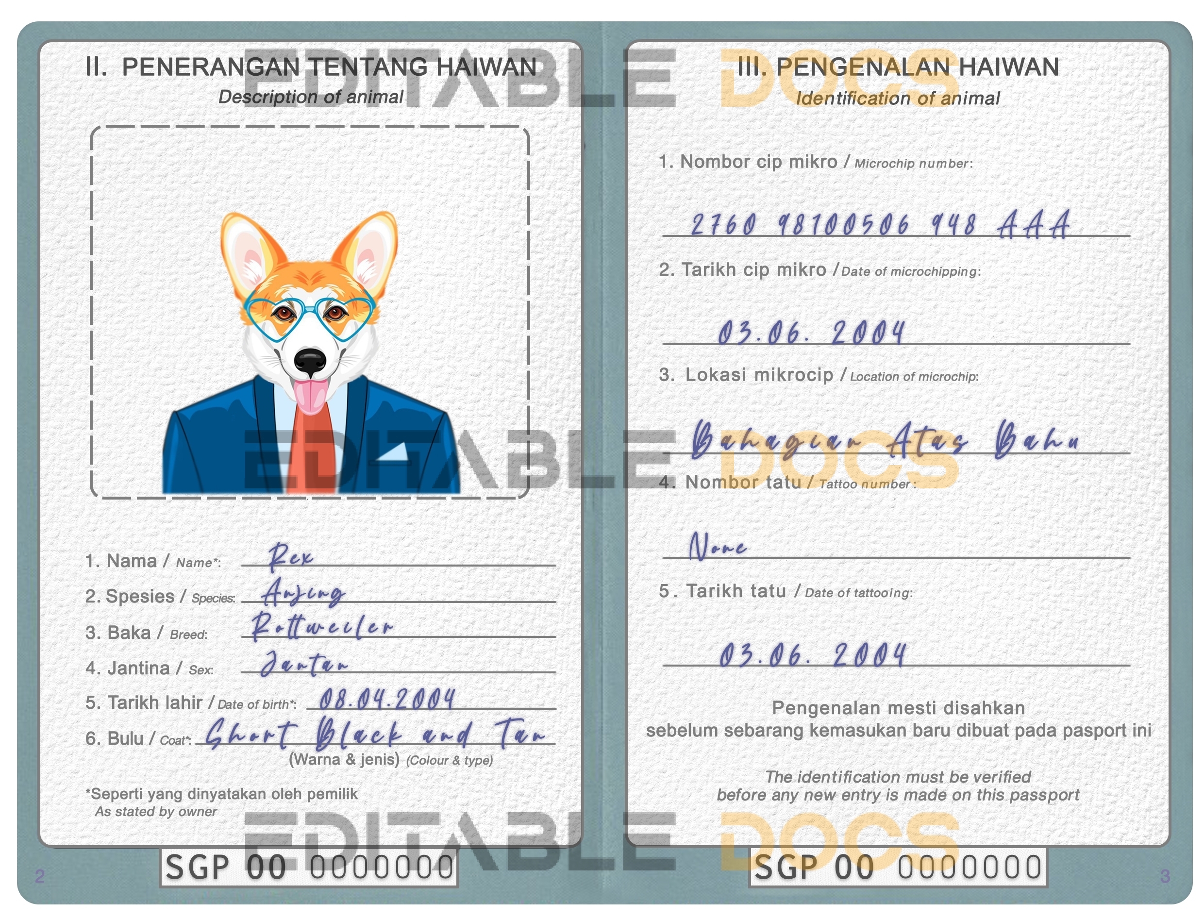 Singapore dog Fake PSD Passport | Instant Download