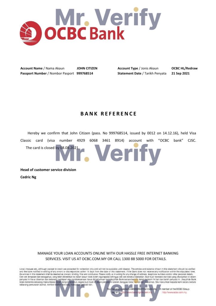 Download Singapore OCBC Bank Reference Letter Templates | Editable Word
