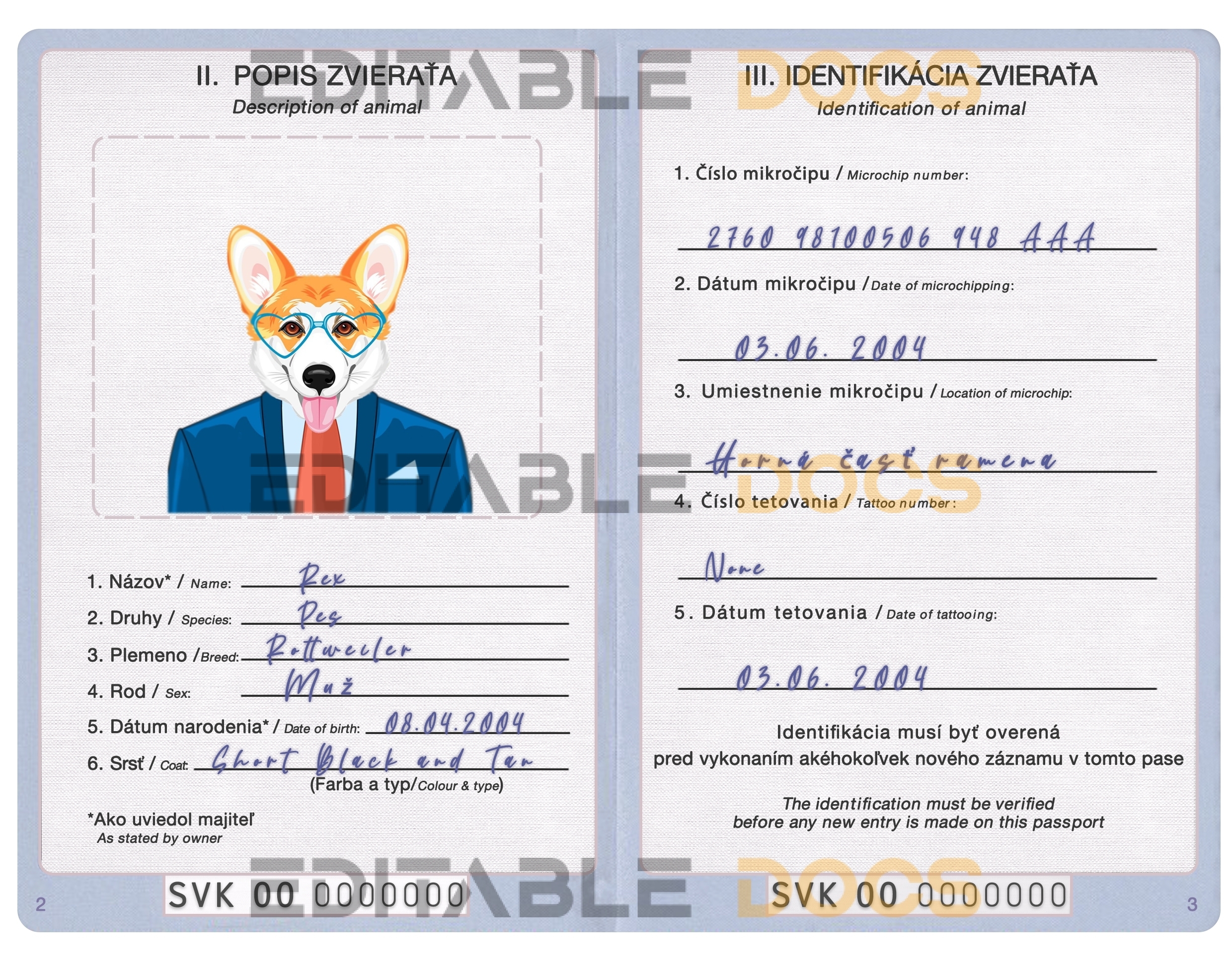 Slovakia dog Fake PSD Passport | Instant Download