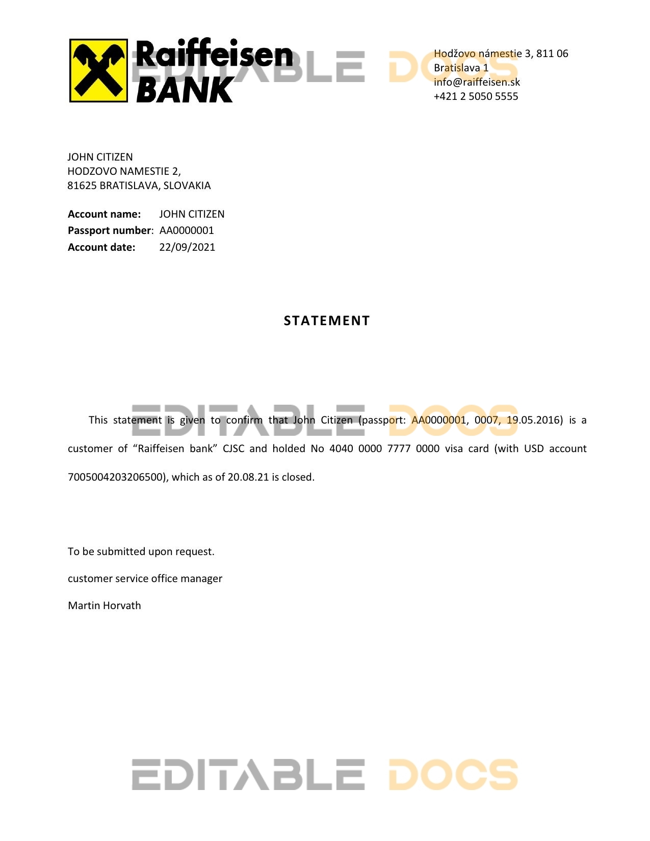 Download Slovakia Raiffeisen Bank Reference Letter Templates | Editable Word