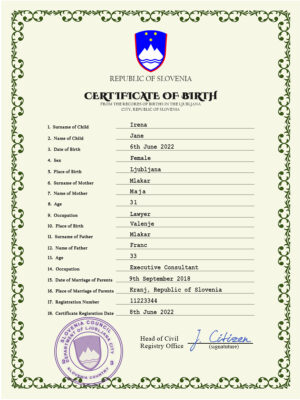 Authentic Slovenia Birth Certificate Template | Customize and Download Online
