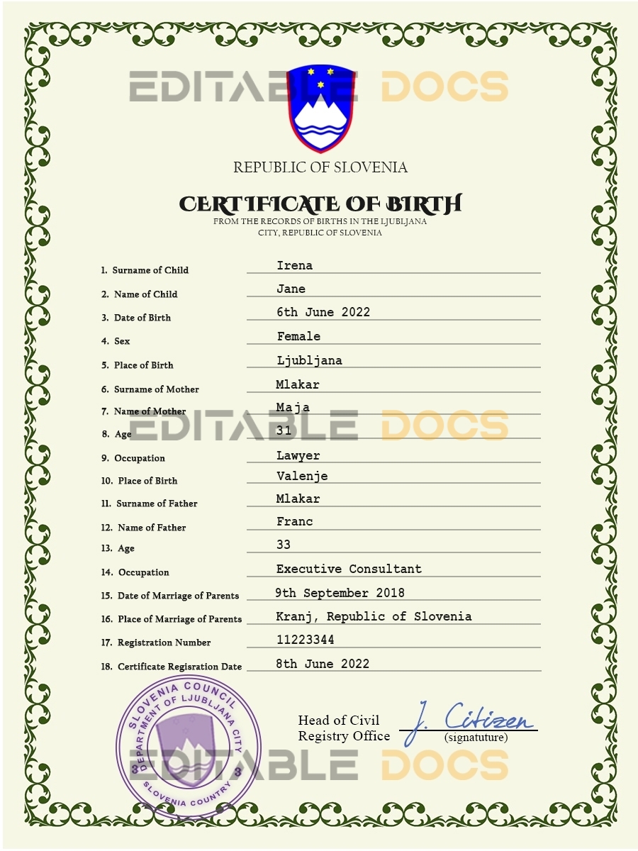 Authentic Slovenia Birth Certificate Template | Customize and Download Online