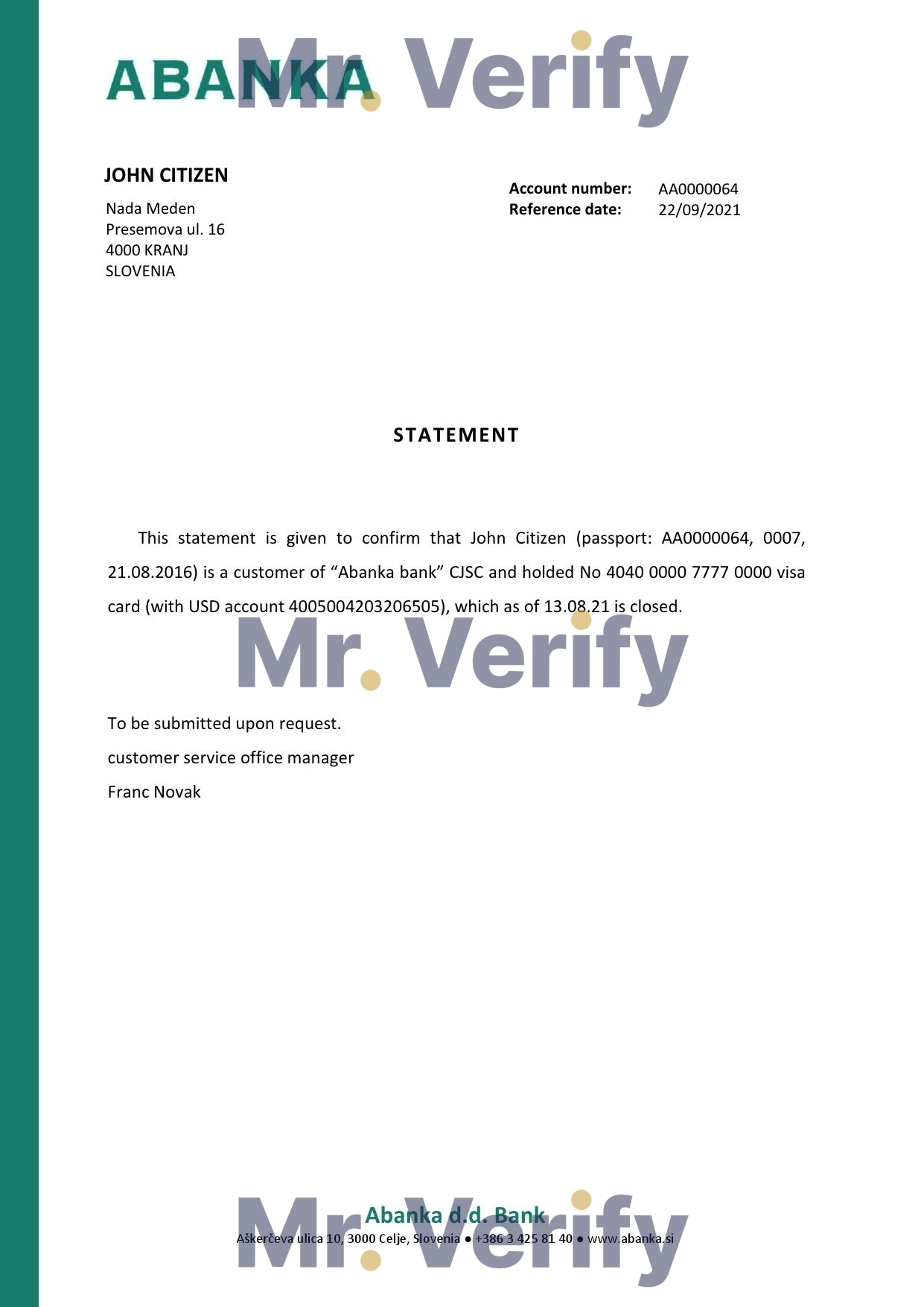 Download Slovenia Abanka Bank Reference Letter Templates | Editable Word