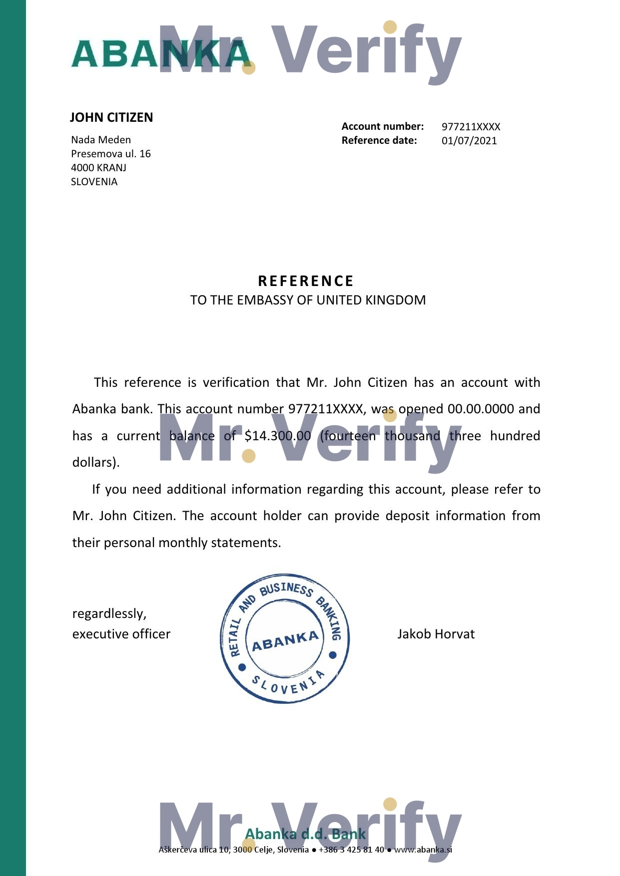 Download Slovenia Abanka Bank Reference Letter Templates | Editable Word