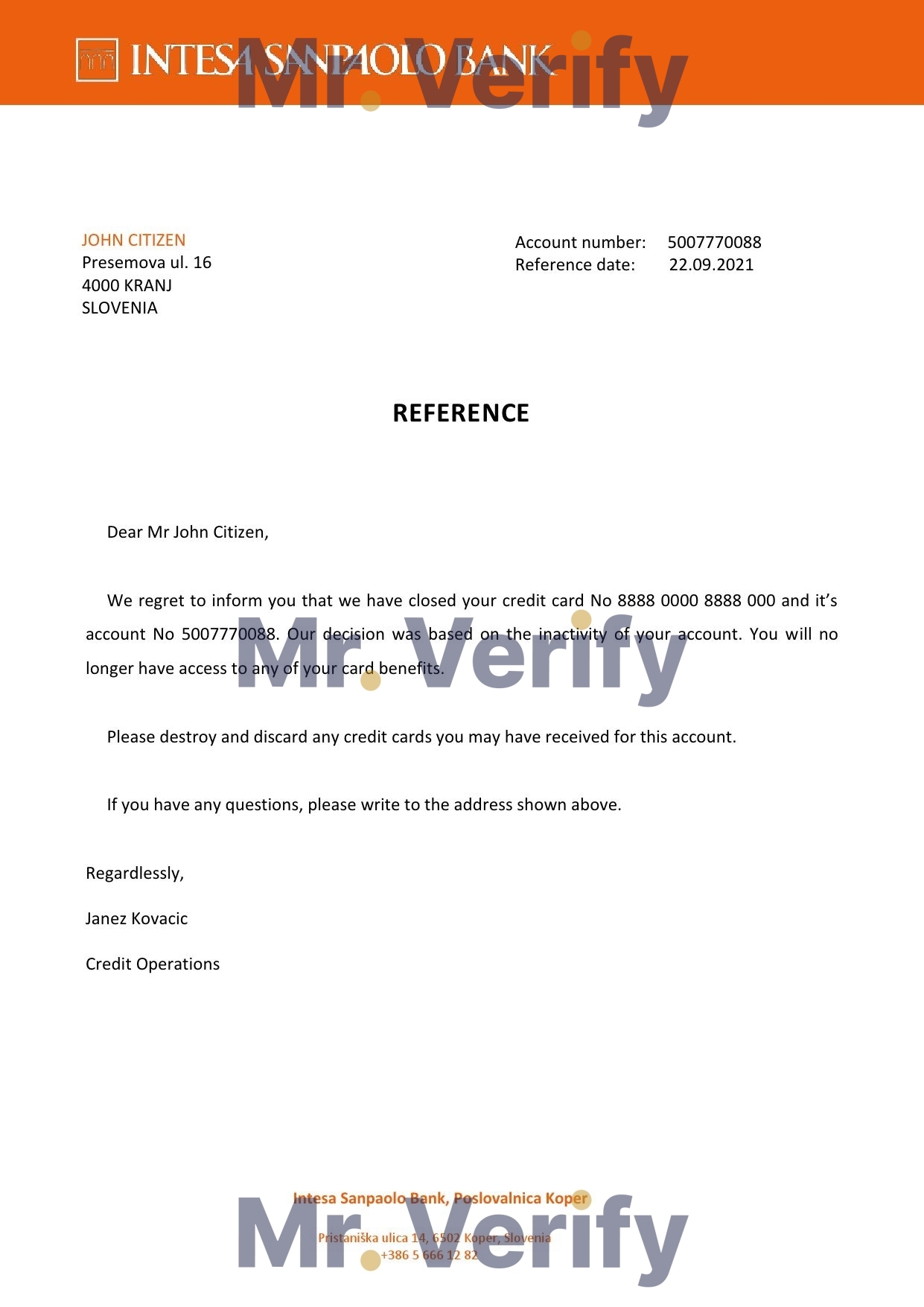 Download Slovenia Intesa Sanpaolo Bank Reference Letter Templates | Editable Word