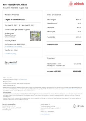 Customizable Solomon Islands Airbnb Reservation Template | Word & PDF Formats