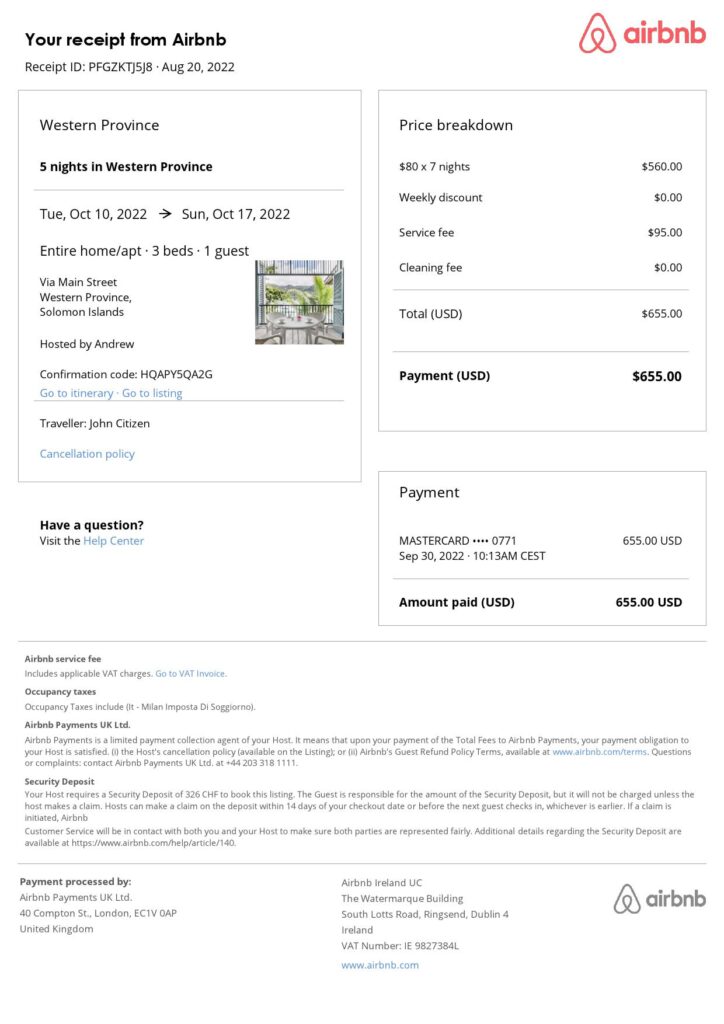 Customizable Solomon Islands Airbnb Reservation Template | Word & PDF Formats