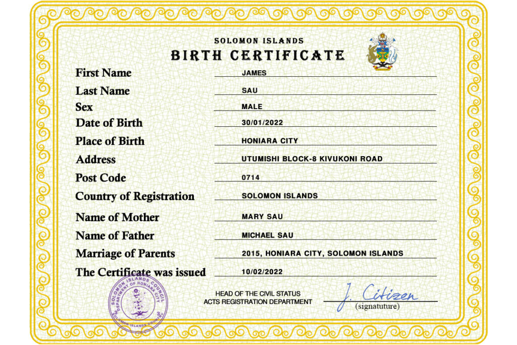 Solomon vital record birth certificate PSD template, fully editable