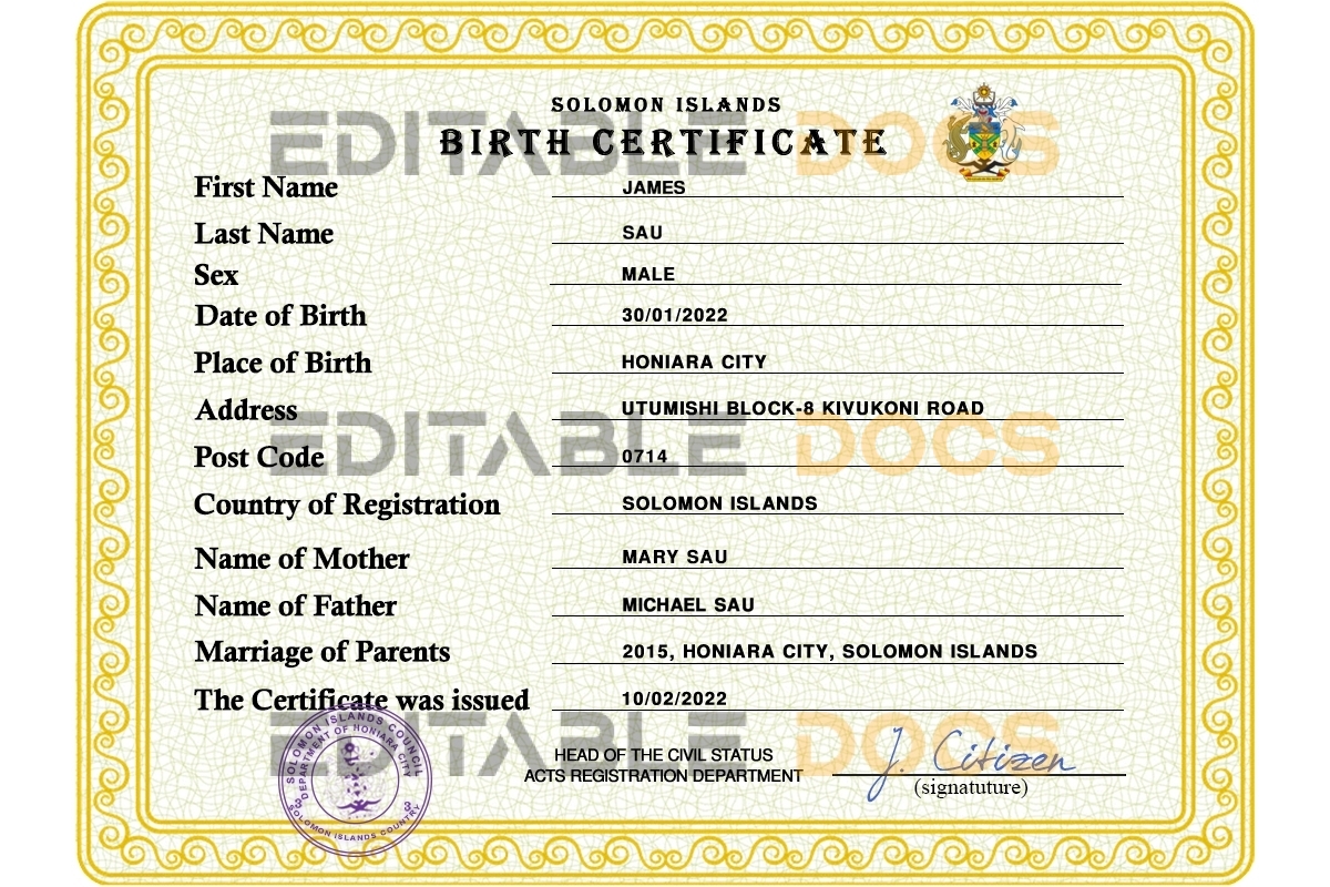 Authentic Solomon Birth Certificate Template | Customize and Download Online