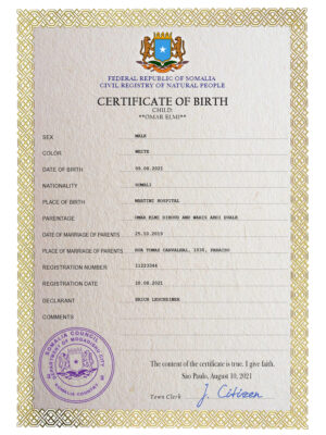 Authentic Somalia Birth Certificate Template | Customize and Download Online