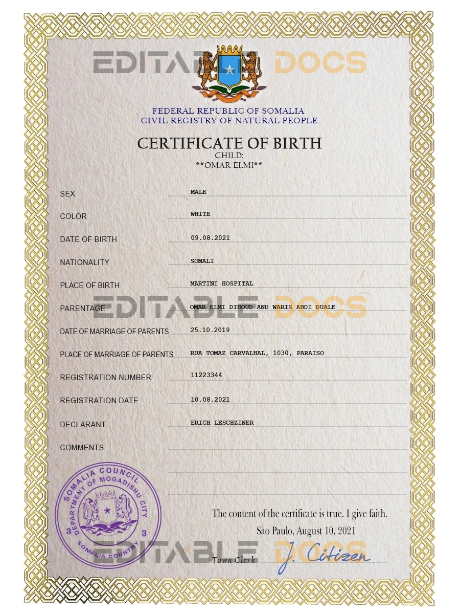 Authentic Somalia Birth Certificate Template | Customize and Download Online