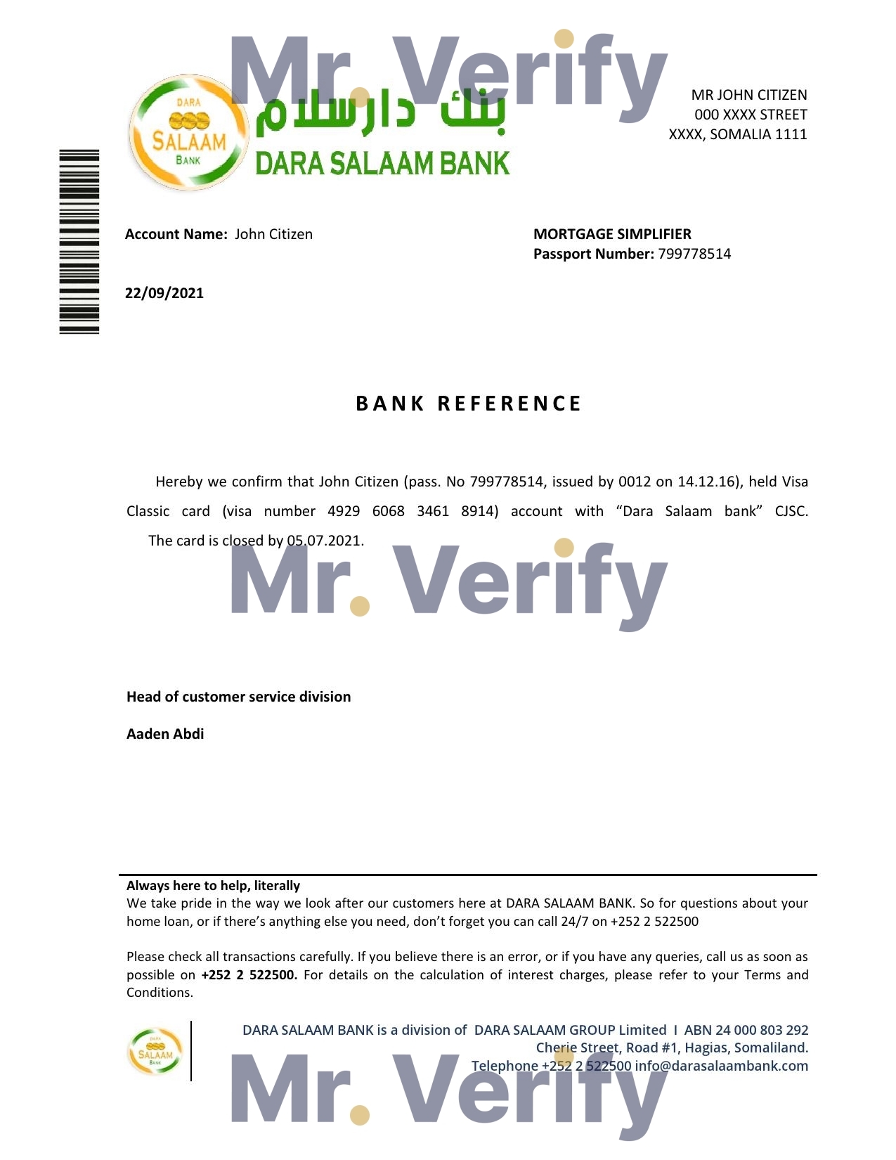 Download Somalia Dara Salaam Bank Reference Letter Templates | Editable Word