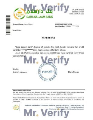 Download Somalia Dara Salaam Bank Reference Letter Templates | Editable Word
