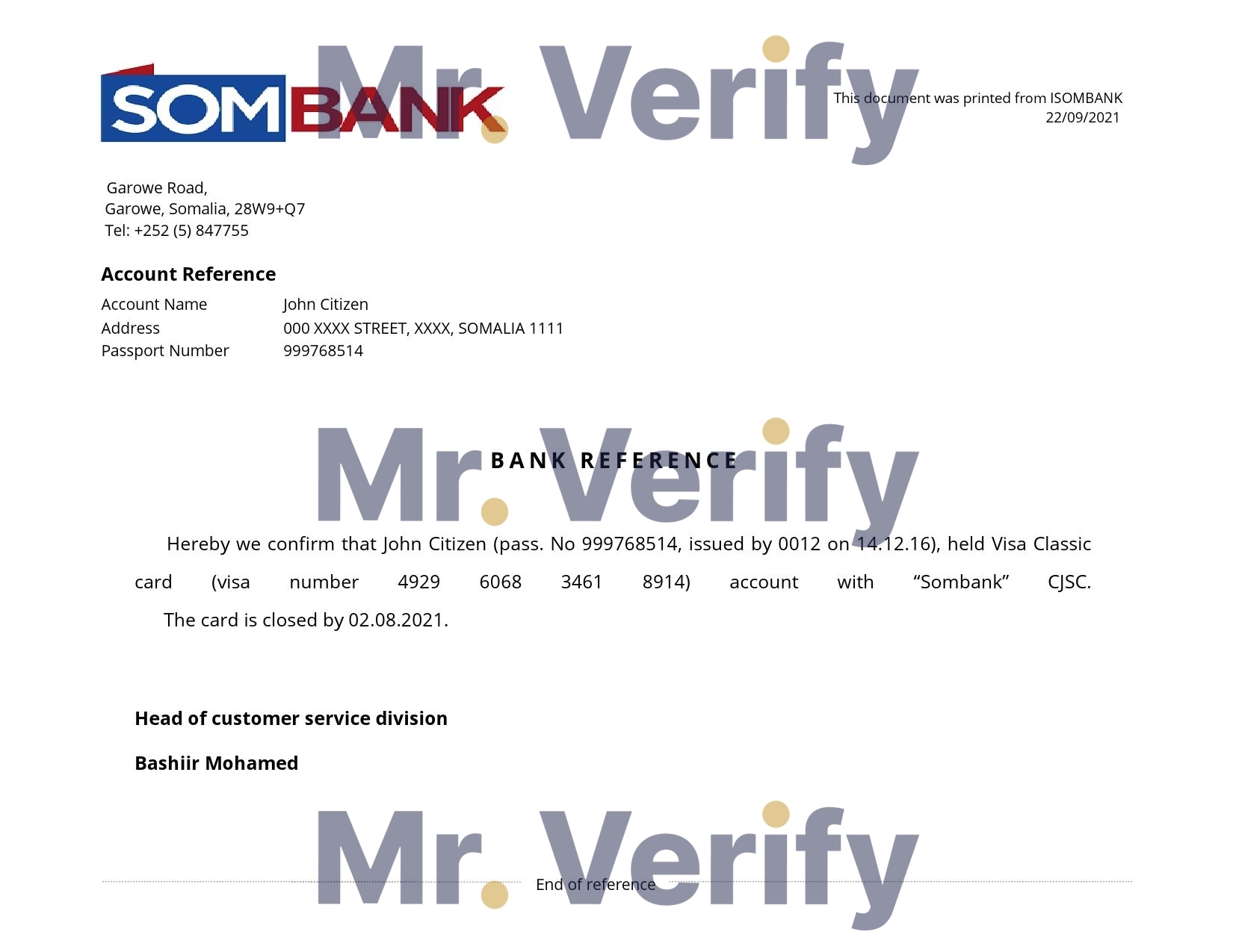 Download Somalia Sombank Bank Reference Letter Templates | Editable Word