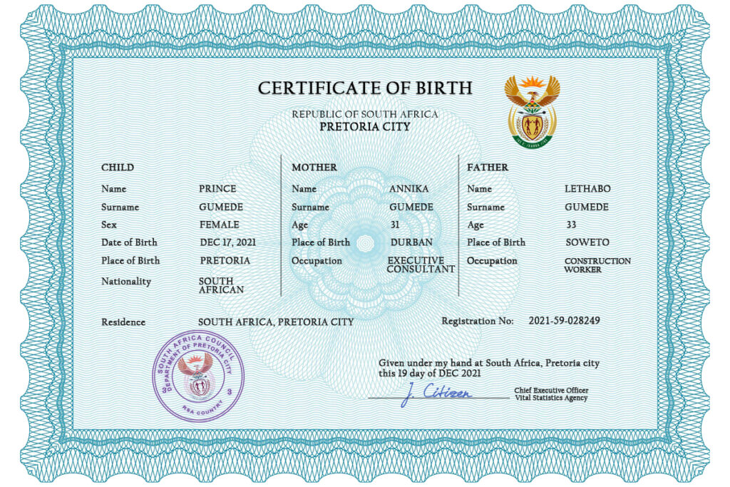 Authentic South Africa Birth Certificate Template | Customize and Download Online