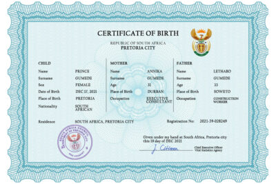 Authentic South Africa Birth Certificate Template | Customize and Download Online