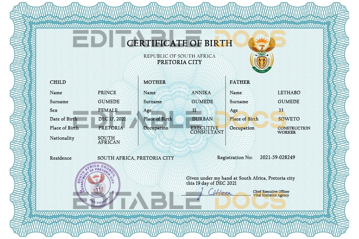Authentic South Africa Birth Certificate Template | Customize and Download Online