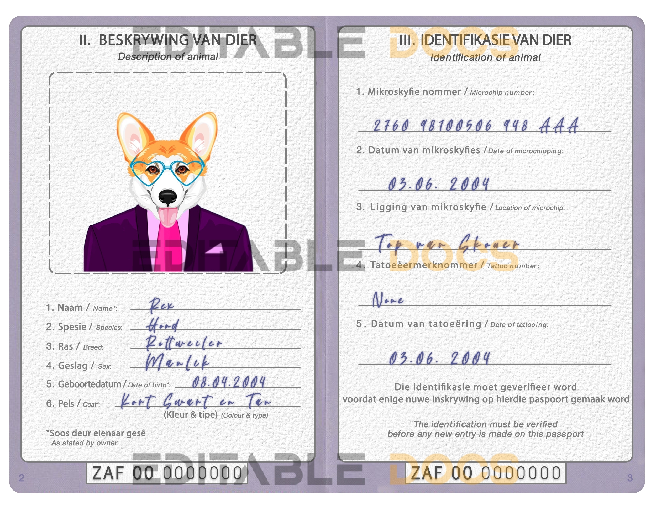 South Africa dog Fake PSD Passport | Instant Download