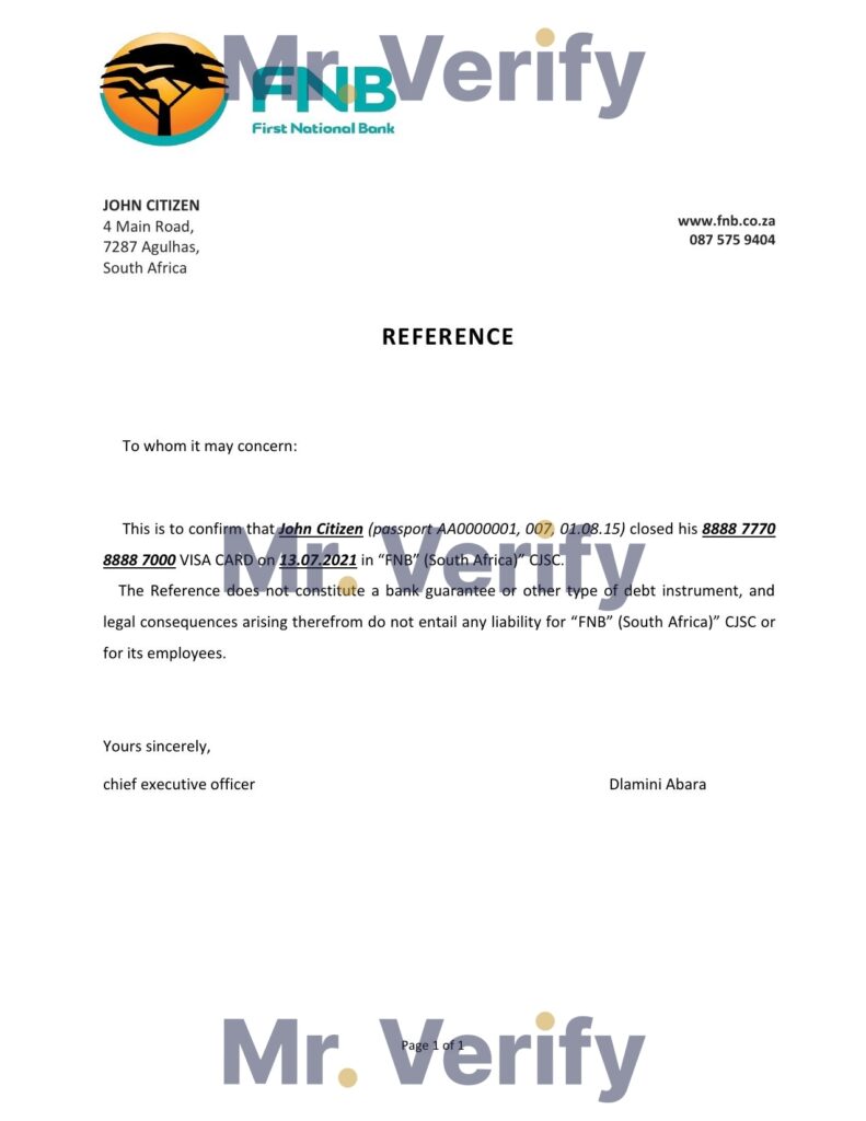 Download South Africa FNB Bank Reference Letter Templates | Editable Word